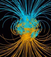 Рис. 3. Изменение<br>конфигурации магнитного поля планеты в период инверсии (по данным Г.Глатцмайера и П.Робертса). Исходное состояние